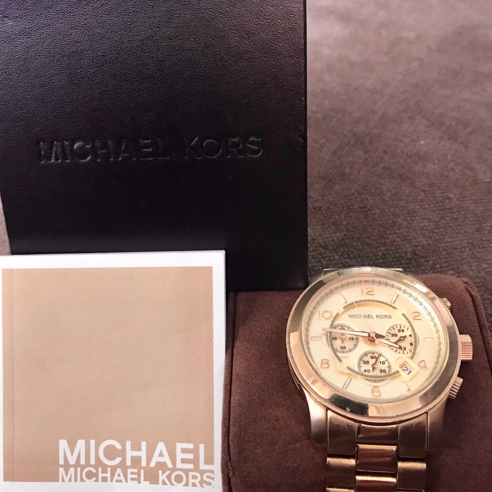 Michael Kors Women’s Runway Oversized Gold Watch 45mm Chrono  W/Box Works FLAW